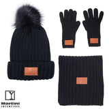 3 Pieces Rib Knit Fur Pom Winter Set black