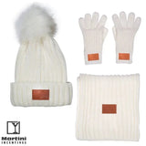 3 Pieces Rib Knit Fur Pom Winter Set white