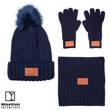 3 Pieces Rib Knit Fur Pom Winter Set Blue